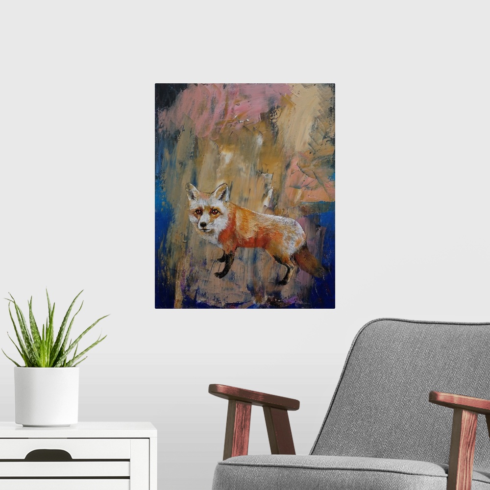 A modern room featuring Contemporary painting of a red fox against a colorful abstract background.