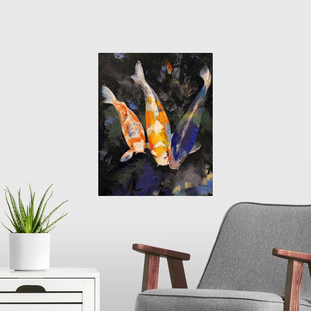 A modern room featuring This is a vertical painting of decorative fish swimming a pond created with thick impressionistic...