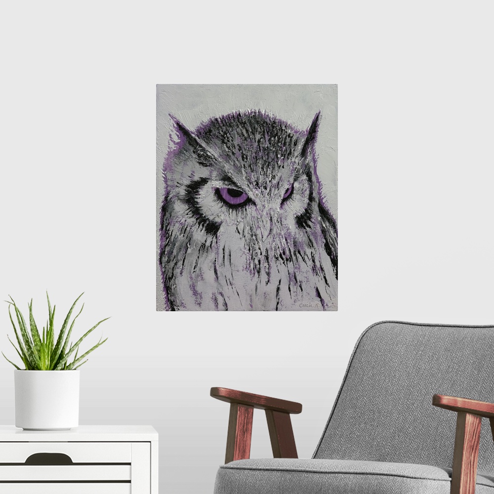 A modern room featuring Contemporary painting of a gray owl with purple glaring eyes.