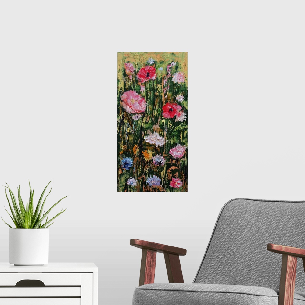 A modern room featuring Contemporary painting of a colorful wildflowers.