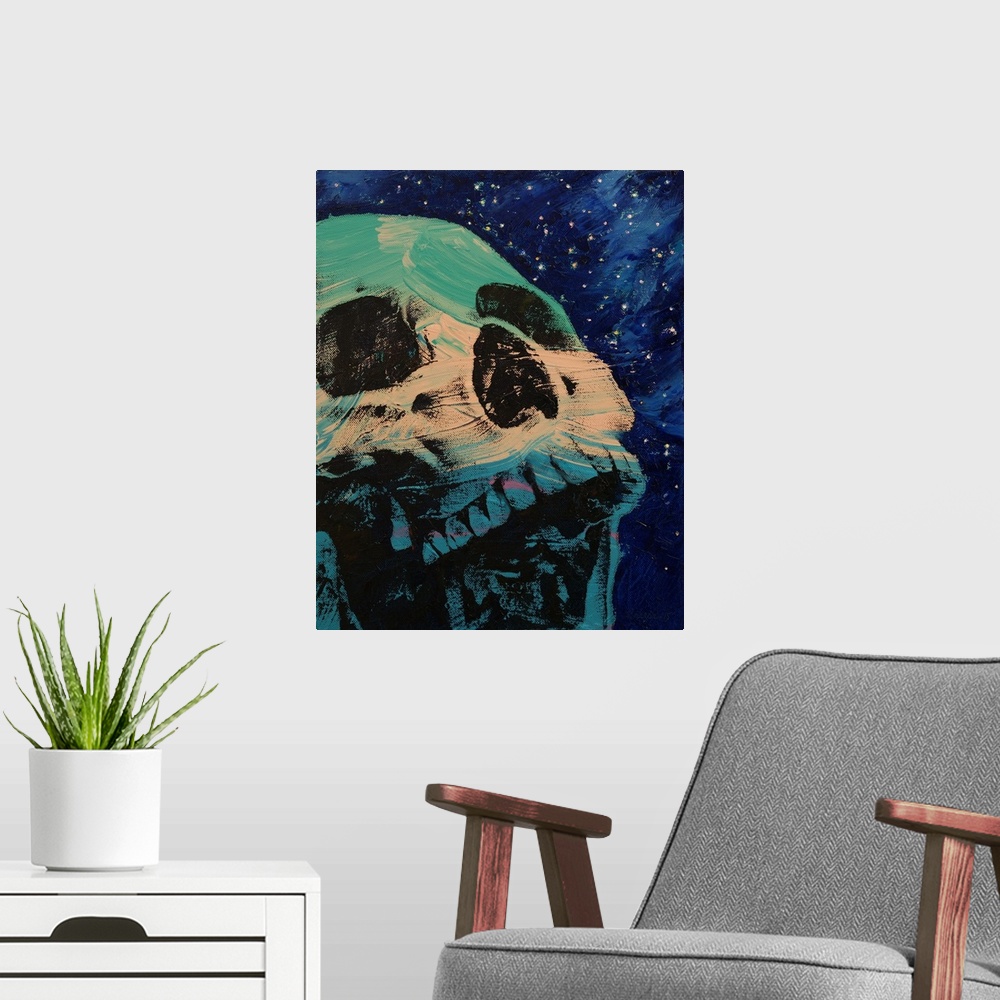A modern room featuring Contemporary painting of a human skull against a background of a starry sky.