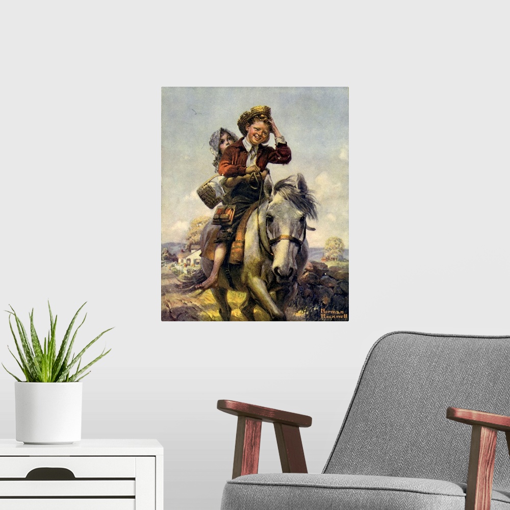 A modern room featuring Boy and Girl on Horse. Approved by the Norman Rockwell Family Agency.