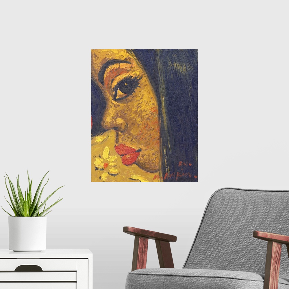 A modern room featuring With a shy, coy smile she turns sideways keeping an eye on the artist that paints her portrait. T...