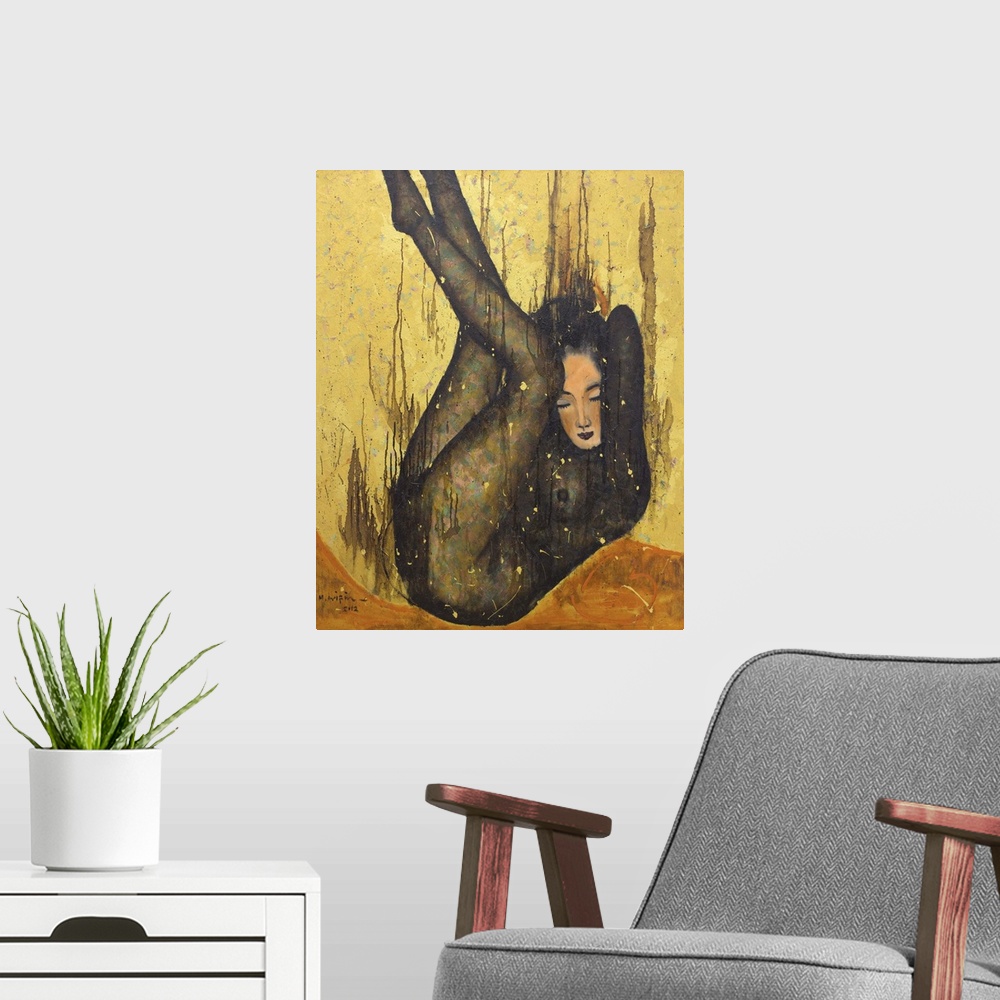A modern room featuring Muhammad Arifin depicts a beautiful nude falling into a golden pool, combining warm oil colors on...