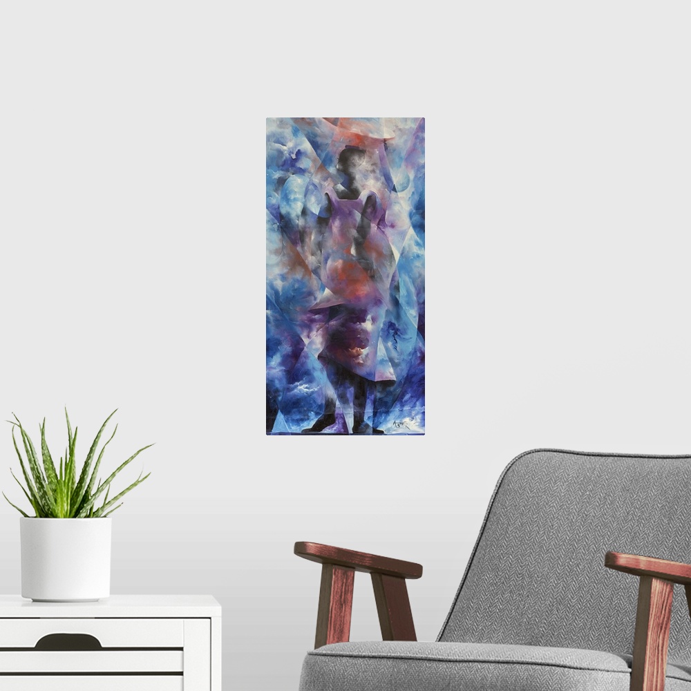 A modern room featuring Caressed by soft clouds, a woman emerges from the nebulous background to stride forward with purp...