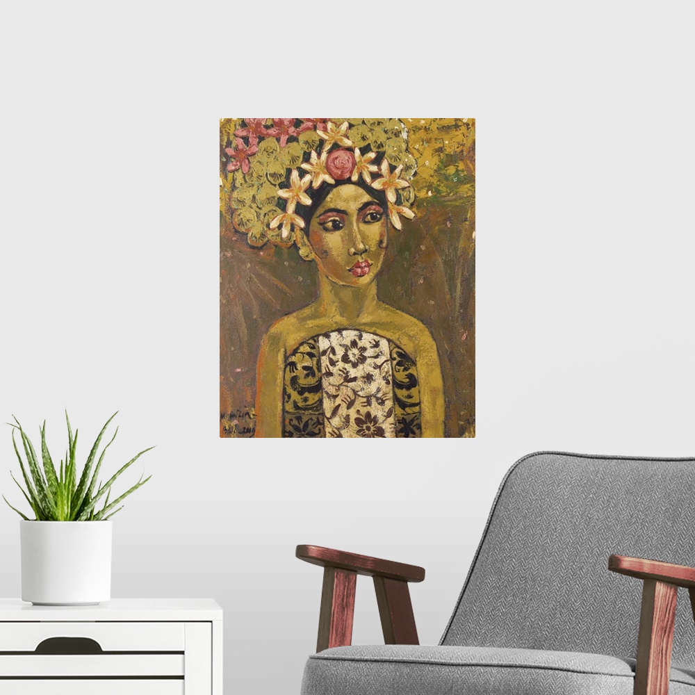 A modern room featuring A florid headdress frames her beautiful face in a portrait by Mohammad Arifin. Painting with acry...