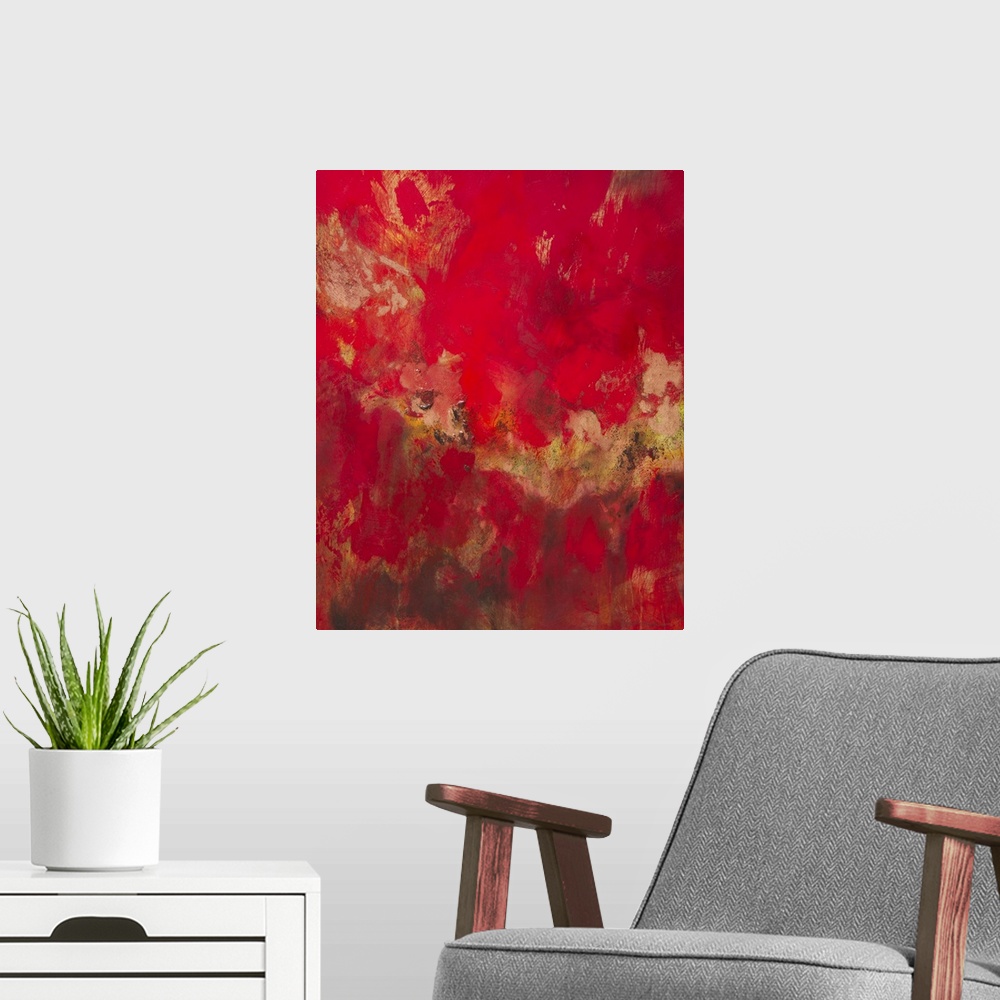A modern room featuring Contemporary abstract art, originally in acrylic, in deep red shades with contrasting yellow.