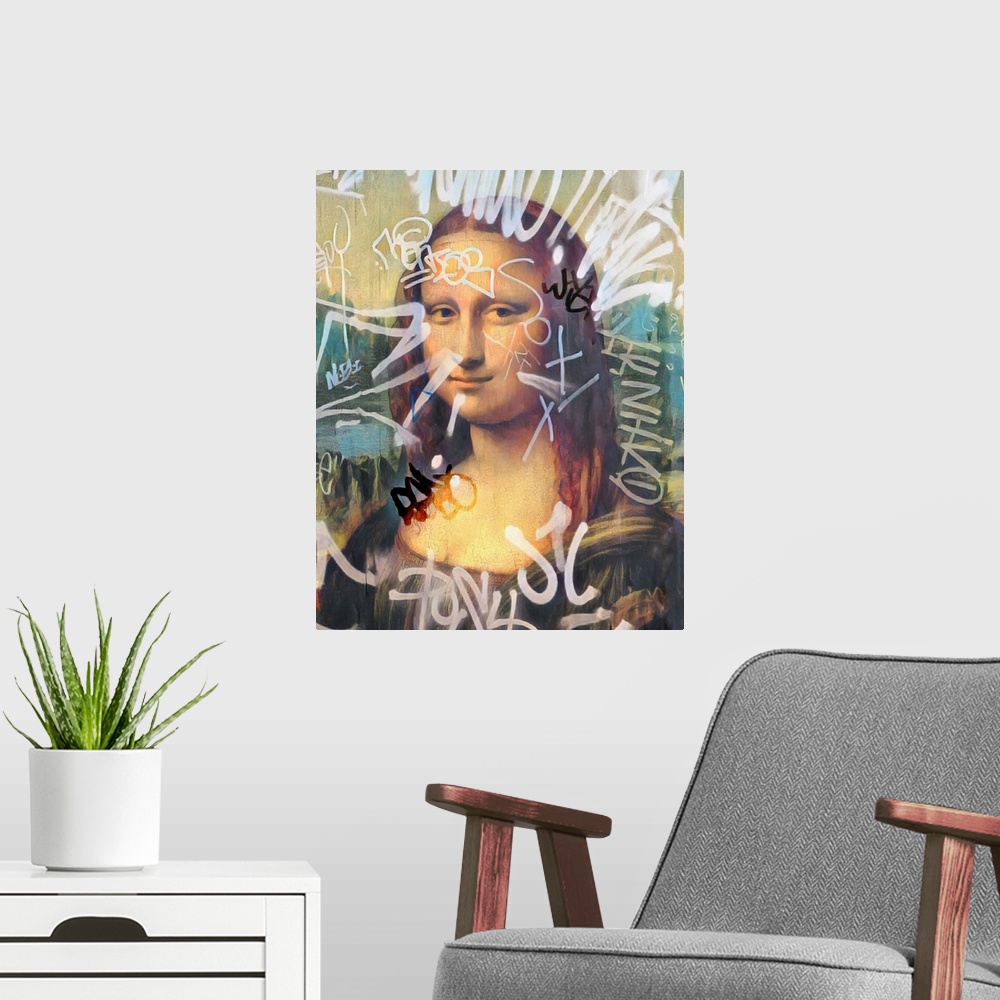 A modern room featuring Mona Lisa Altered With Graffiti 3
