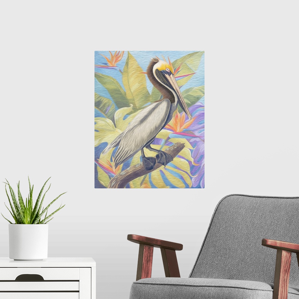 A modern room featuring A painterly textured rendition of a vintage pelican on a branch with tropical vegitation in the b...
