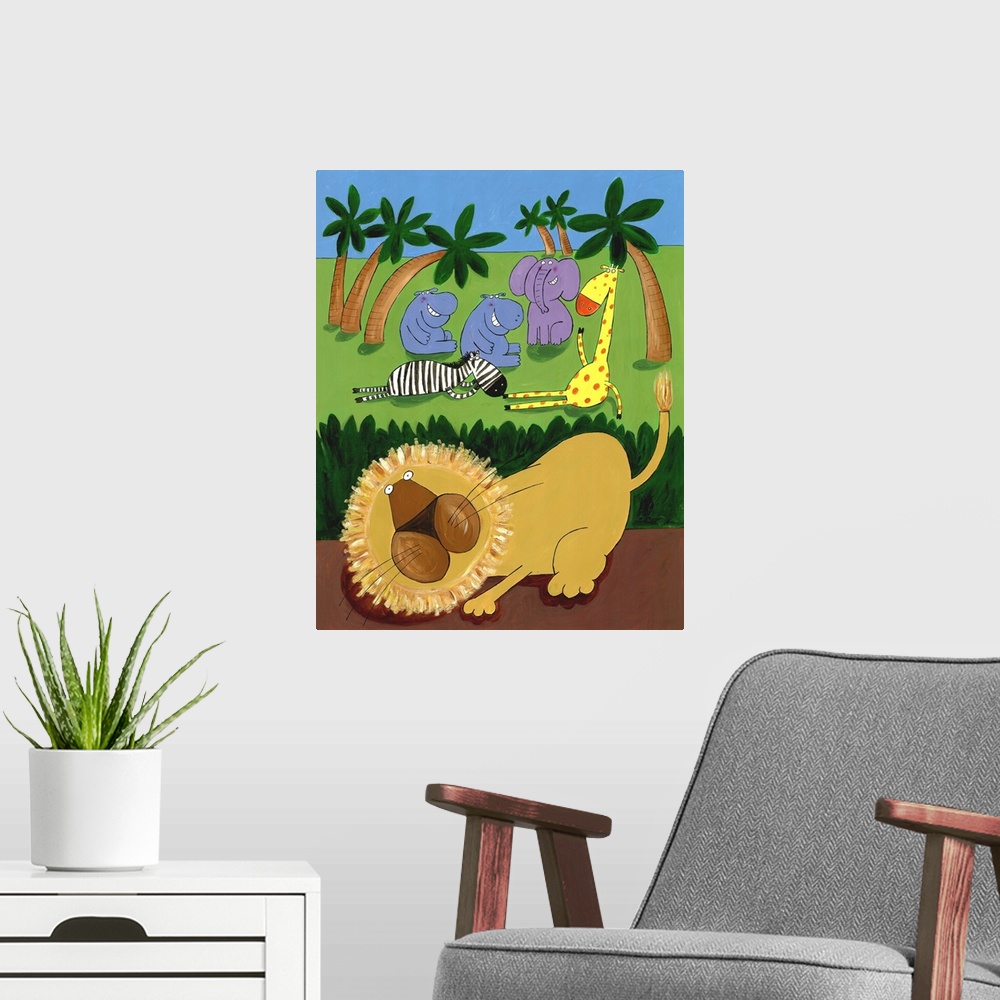 A modern room featuring Giraffe, zebra and hippo have fun in the jungle while the lion prowls in the undergrowth.