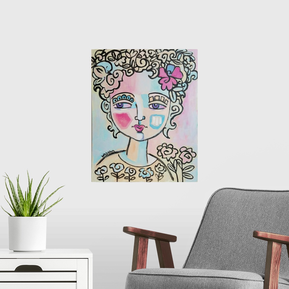 A modern room featuring This painting of a woman, is done in subtle, fluid hues, and utilizes decorative details and heav...