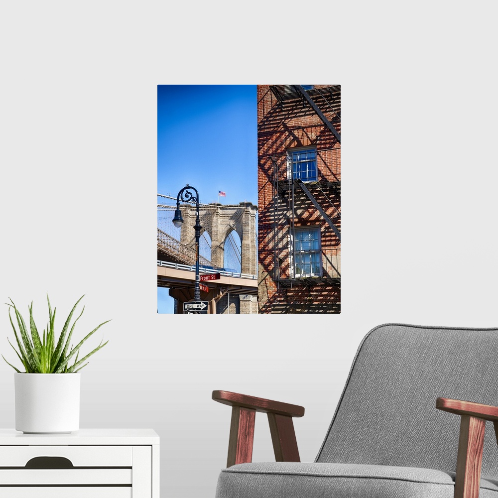 A modern room featuring Brooklyn Bridge Stone Tower View and a Typical House with Fire Esacpes, Manhattan, New York