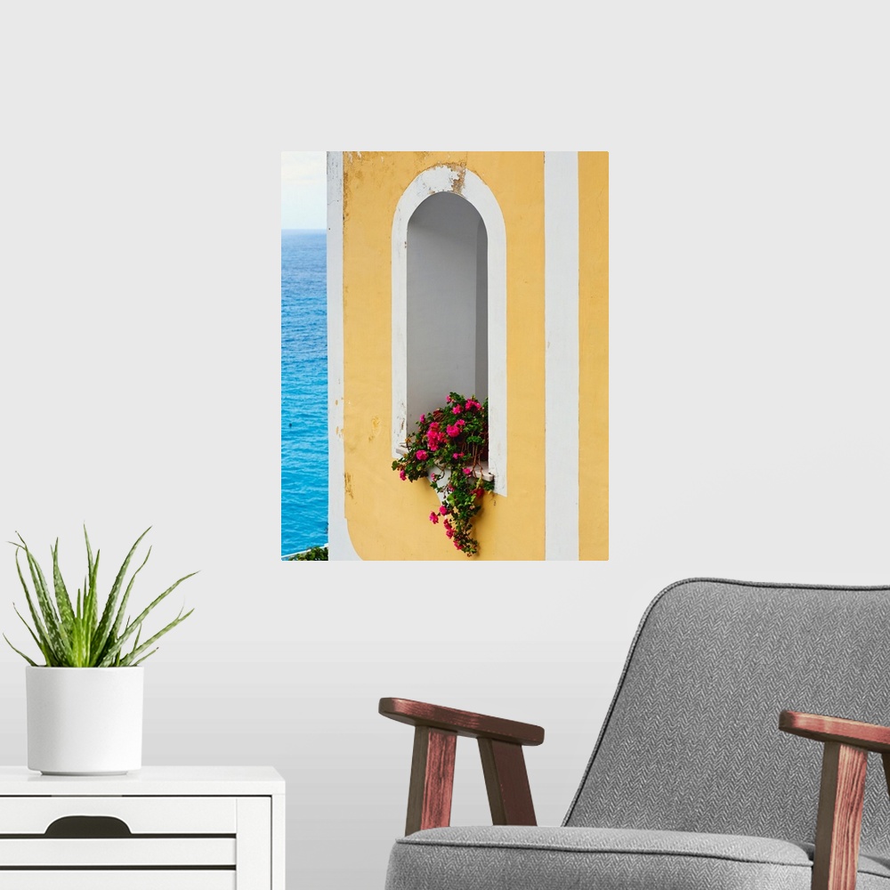 A modern room featuring Flower in window at Seaside, Positano, Campania, Italy.