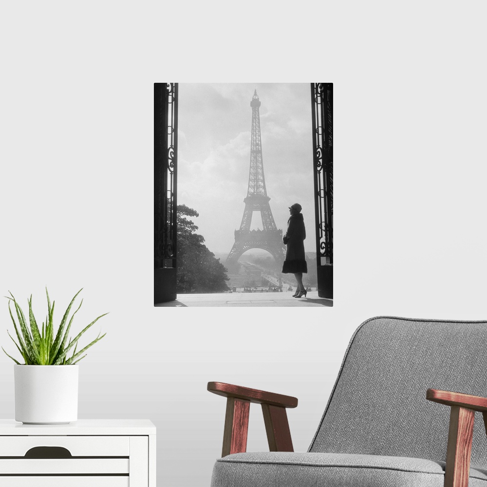 A modern room featuring 1920's Anonymous Silhouetted Woman Standing In Profile In The Trocadero Across The Seine From The...