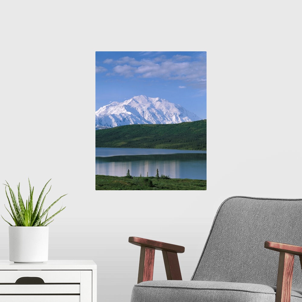 A modern room featuring Alaska, Mount McKinley, Wonder Lake, Panoramic view of the mountain and lake