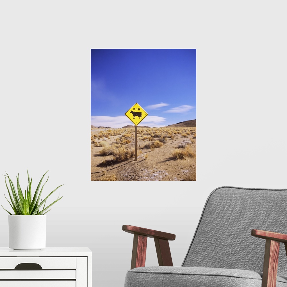 A modern room featuring Animal crossing sign at a road side in the desert, Californian Sierra Nevada, California