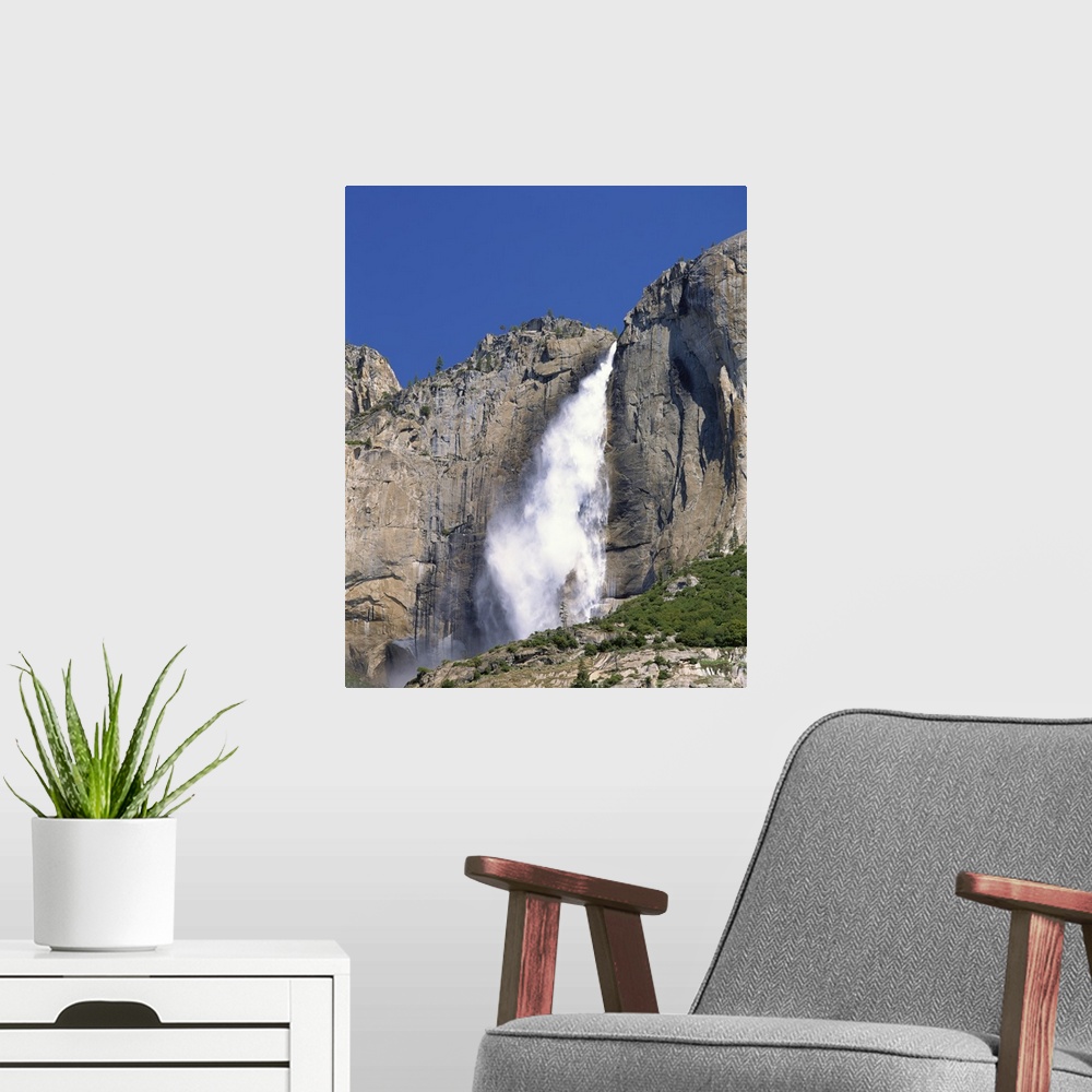 A modern room featuring California, Yosemite National Park, Low angle view of a waterfall falling from the mountain