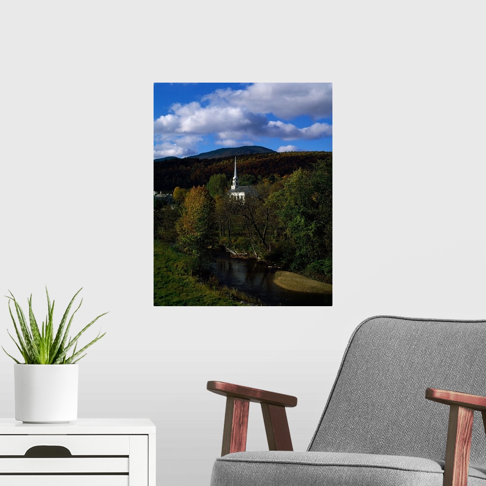 A modern room featuring Church near a stream, Stowe, Lamoille County, Vermont,