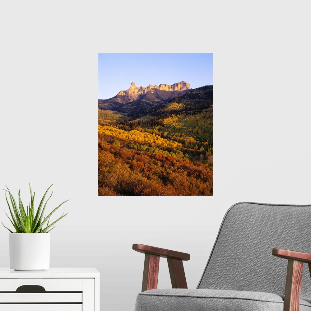 A modern room featuring An immense cliff is pictured in the background with dense forest that has various colored autumn ...