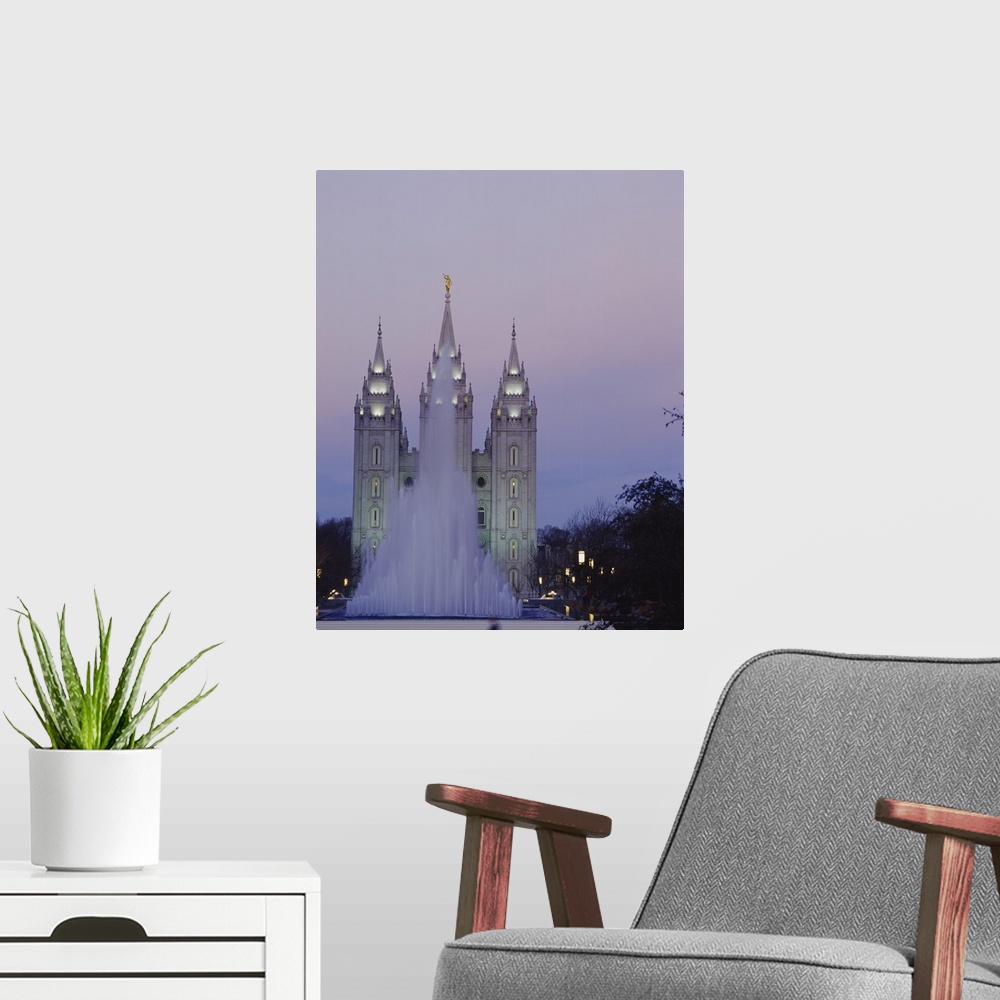 A modern room featuring Fountain in front of a temple, Mormon Temple, Salt Lake City, Utah