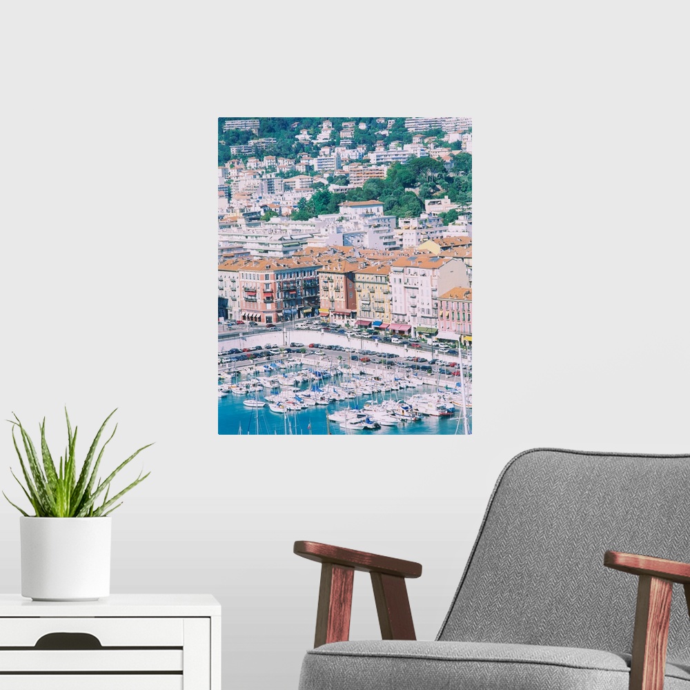 A modern room featuring High angle view of boats at a harbor, Nice, Cote dAzur, France