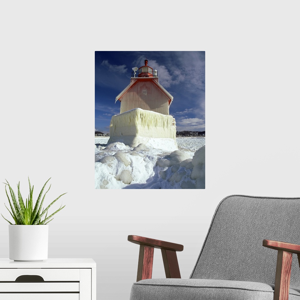 A modern room featuring Lighthouse on a snow covered coast, Grand Haven South Pierhead Lighthouse, Grand Haven, Ottawa Co...