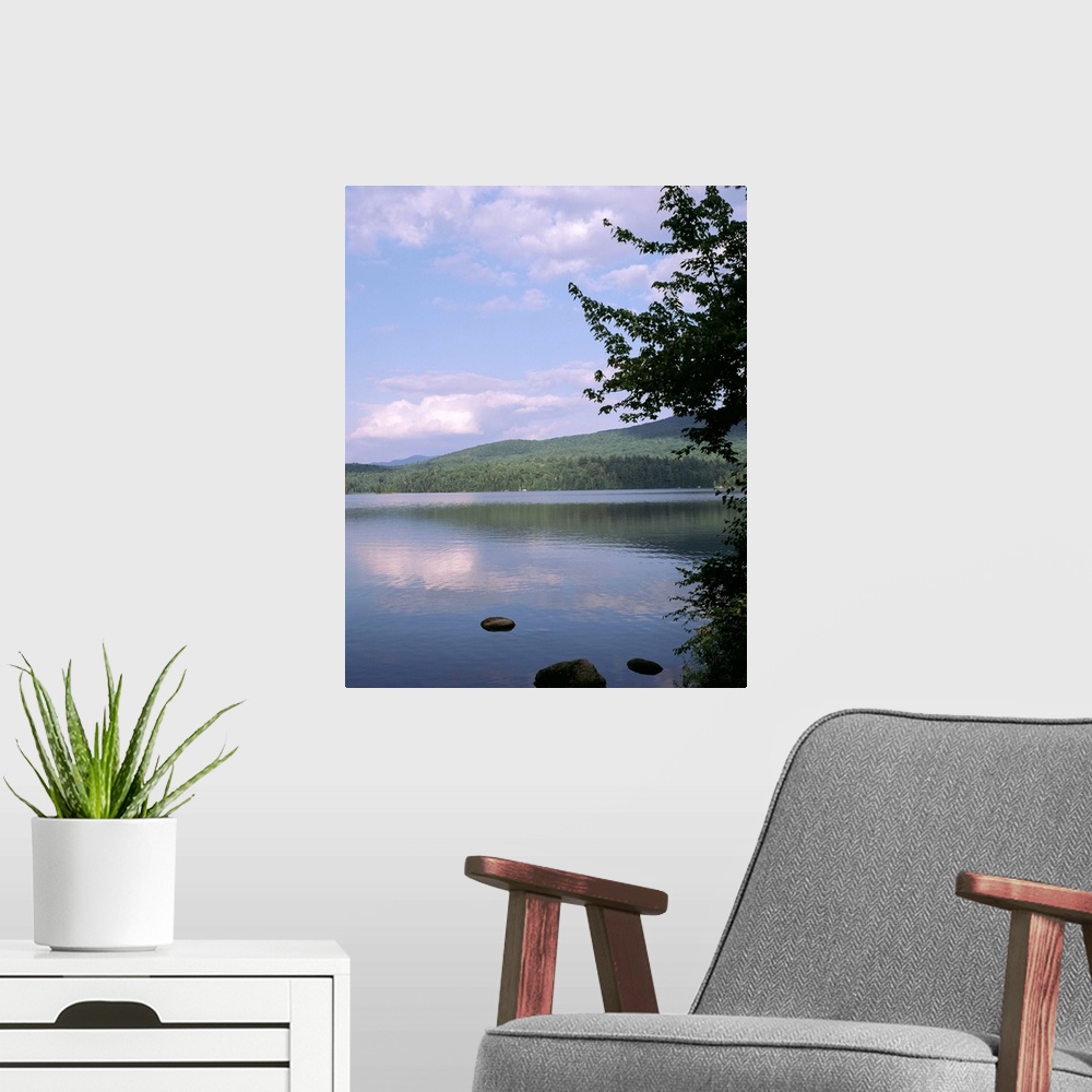 A modern room featuring New York, Adirondack State Park, Adirondack Mountains, Reflection of clouds in Franklin Falls pond