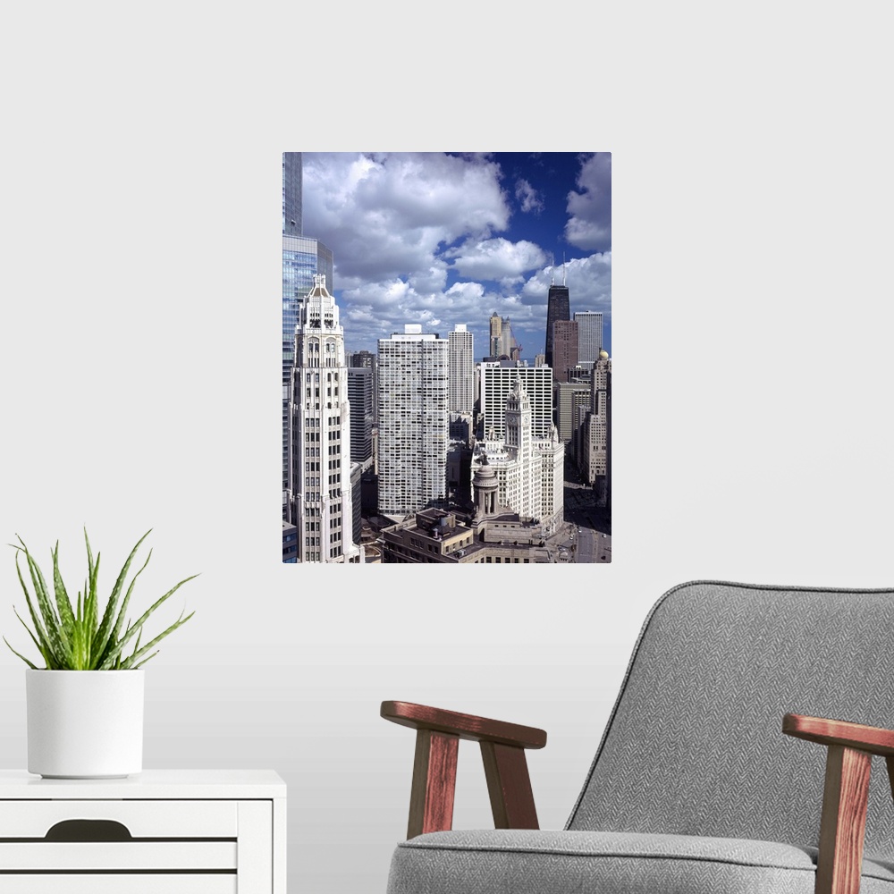 A modern room featuring Skyscrapers in a city, Michigan Avenue, Chicago, Cook County, Illinois, USA