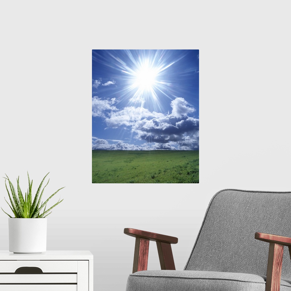 A modern room featuring Sun shining over a field