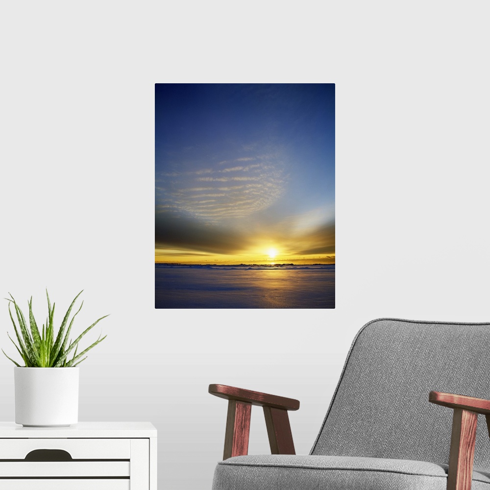 A modern room featuring Sunrise through clouds over Newport Bay, Lake Michigan, Newport State Park, Wisconsin