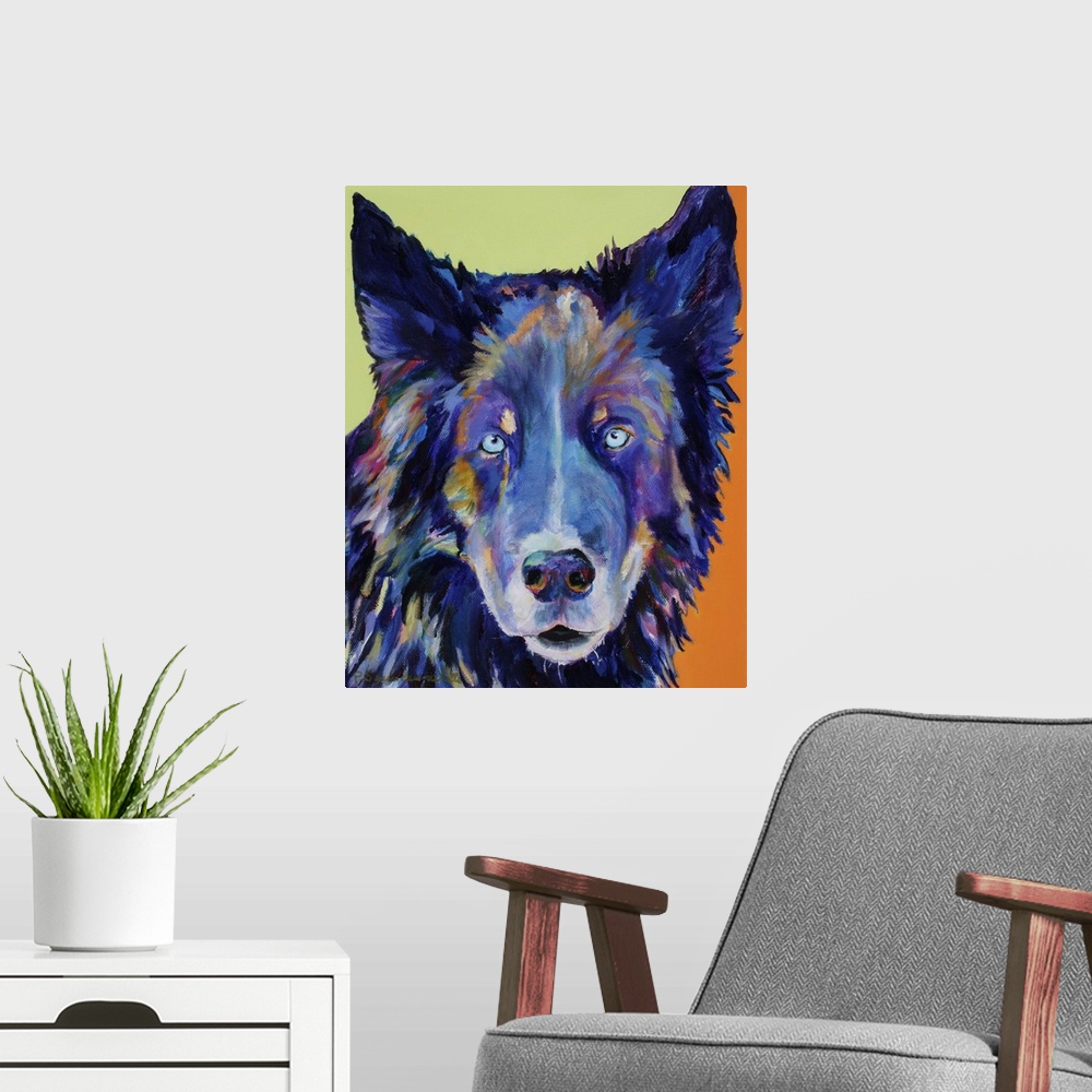 A modern room featuring Contemporary artwork of a dog with pointed ears and dark fur.