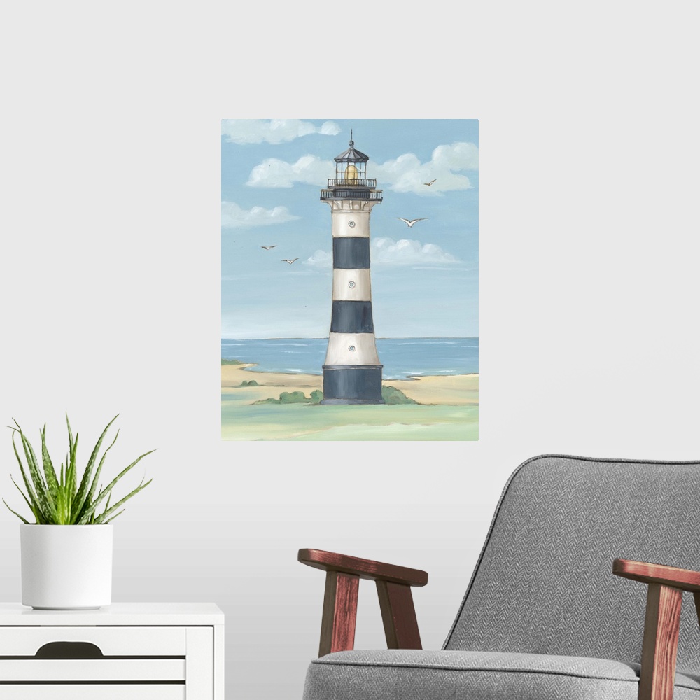 A modern room featuring Painting of the striped Cape Canaveral lighthouse in Florida.