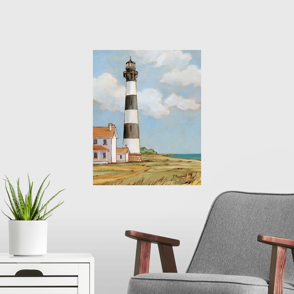 A modern room featuring Painting of the striped Bodie Island lighthouse on the Outer Banks against a cloudy sky.