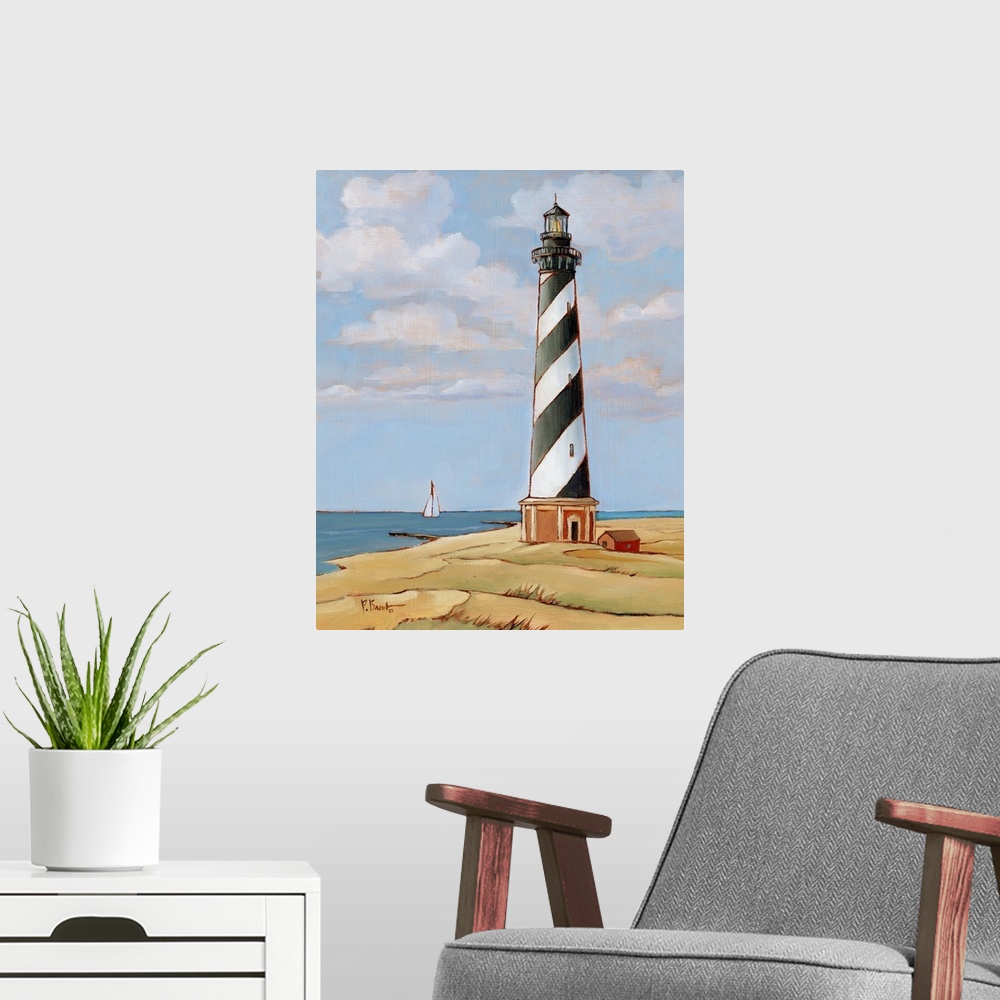 A modern room featuring Painting of the striped Cape Hatteras lighthouse on the Outer Banks against a cloudy sky.
