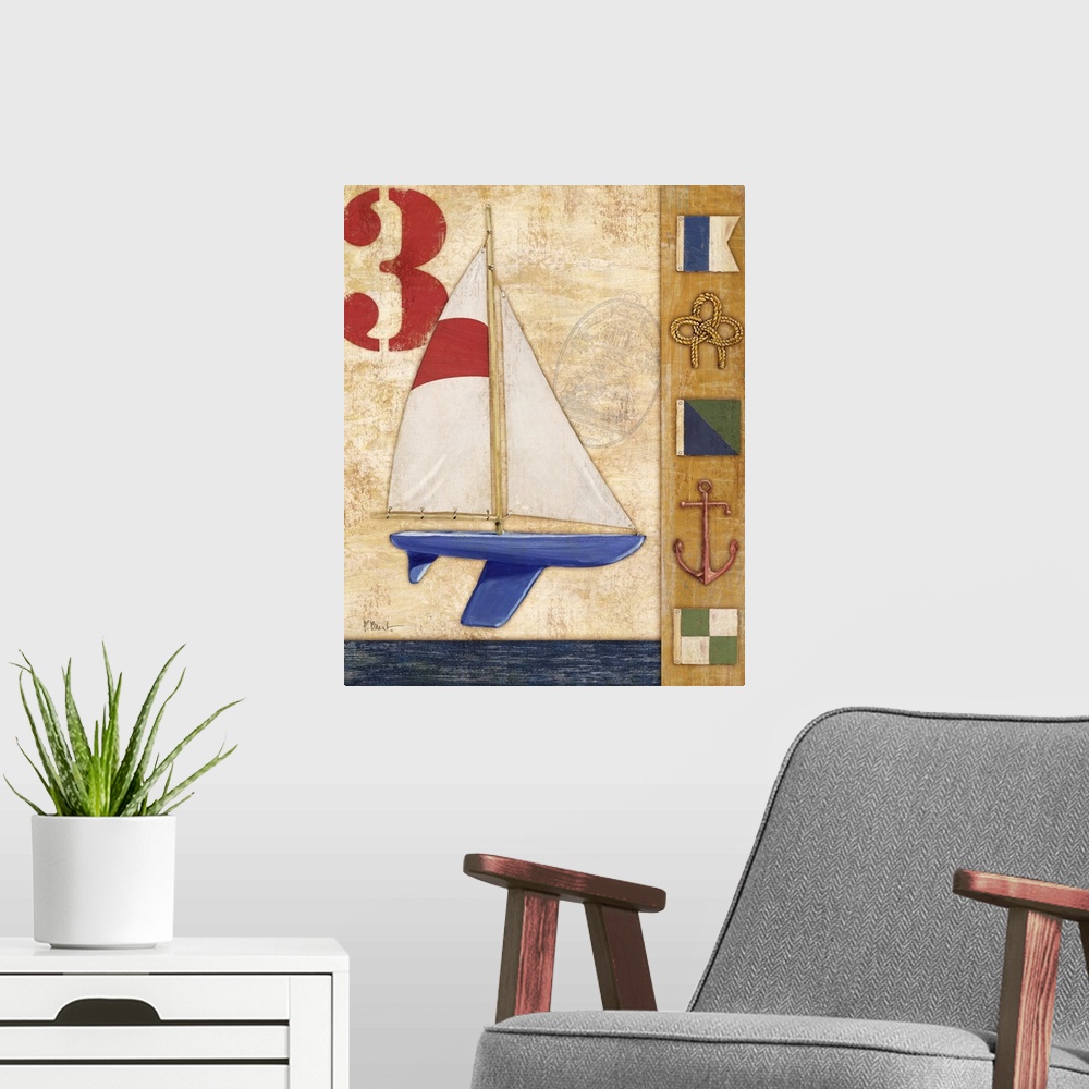 A modern room featuring Decorative artwork featuring a yacht and nautical elements, such as flags, an anchor, and rope.