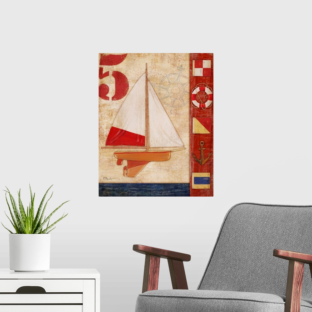 A modern room featuring Decorative artwork featuring a yacht and nautical elements, such as flags, an anchor, and a lifer...