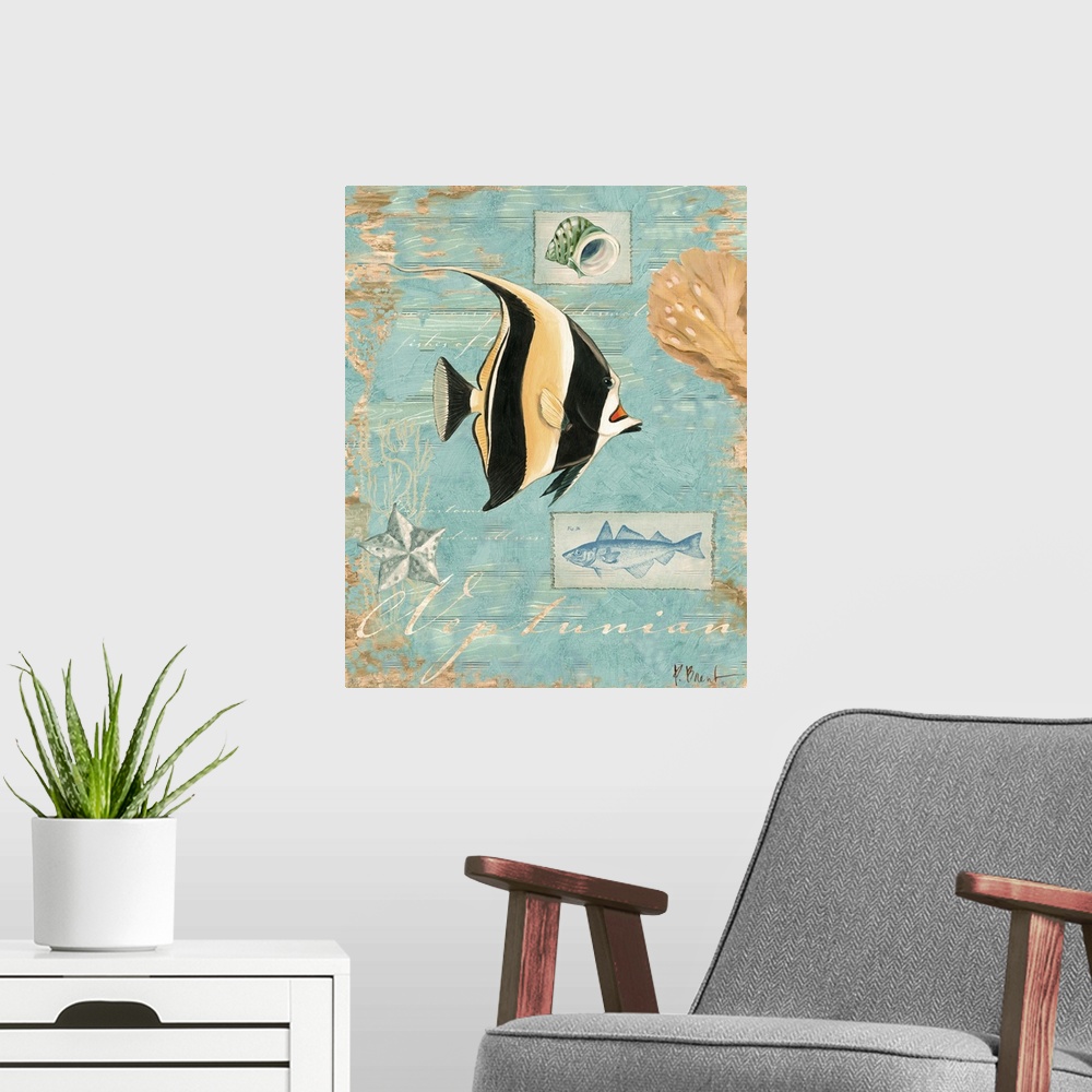 A modern room featuring Decorative artwork of an angelfish on a distressed background with shells.