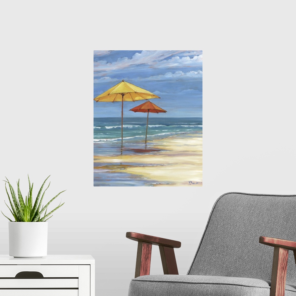 A modern room featuring Seascape with a sandy beach and two umbrellas under a cloudy sky.