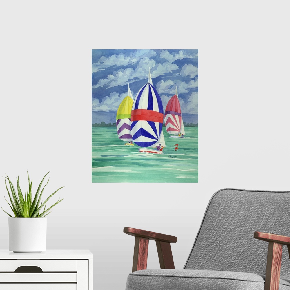 A modern room featuring Contemporary painting of three spinnaker boats with striped sails on the water.
