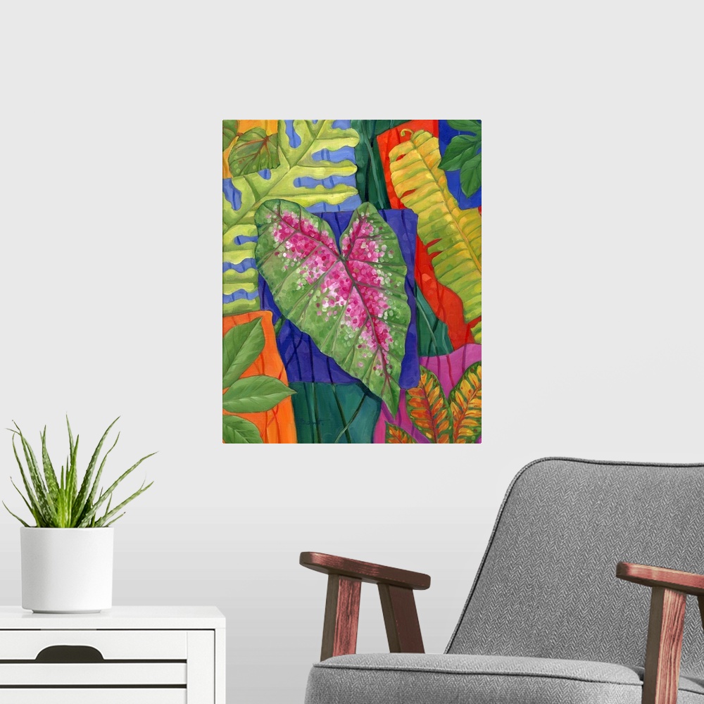 A modern room featuring Colorful painting of multicolored tropical leaves of different sizes.