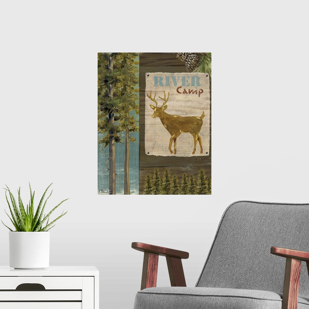 A modern room featuring Decorative artwork of forest elements such as a sign with a deer, trees, and pinecones.