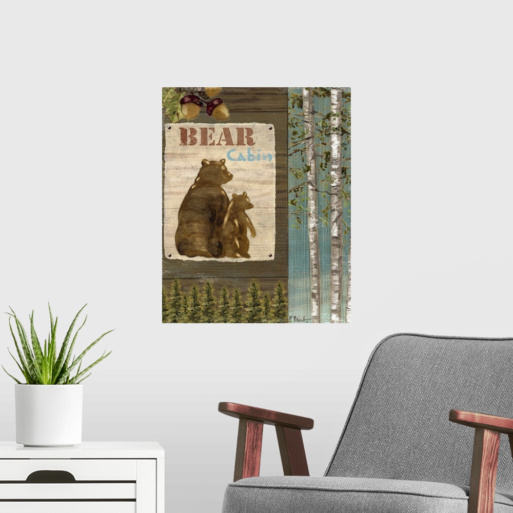 A modern room featuring Decorative artwork of forest elements such as a sign with bears, trees, and acorns.