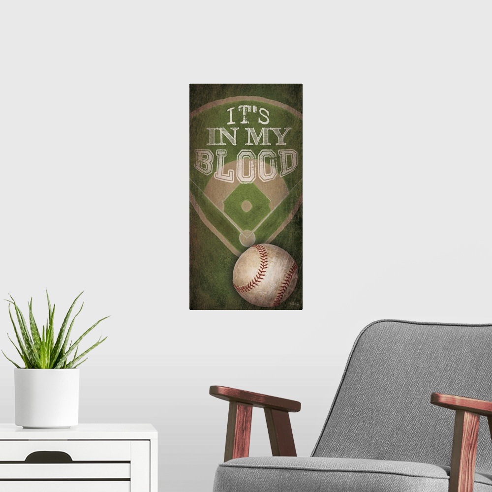 A modern room featuring A baseball typography design with the diamond and a ball.