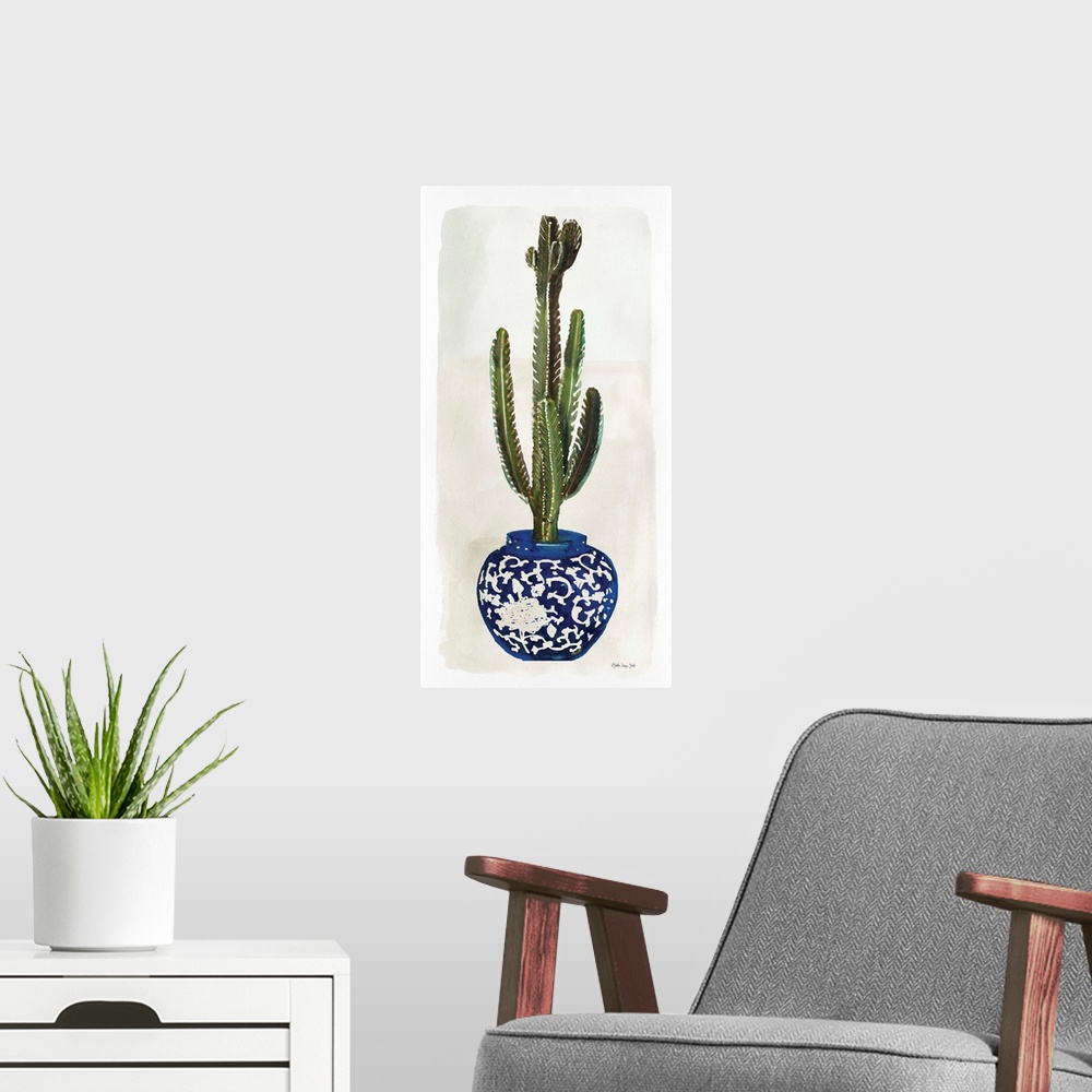 A modern room featuring Cacti in Blue Pot 2