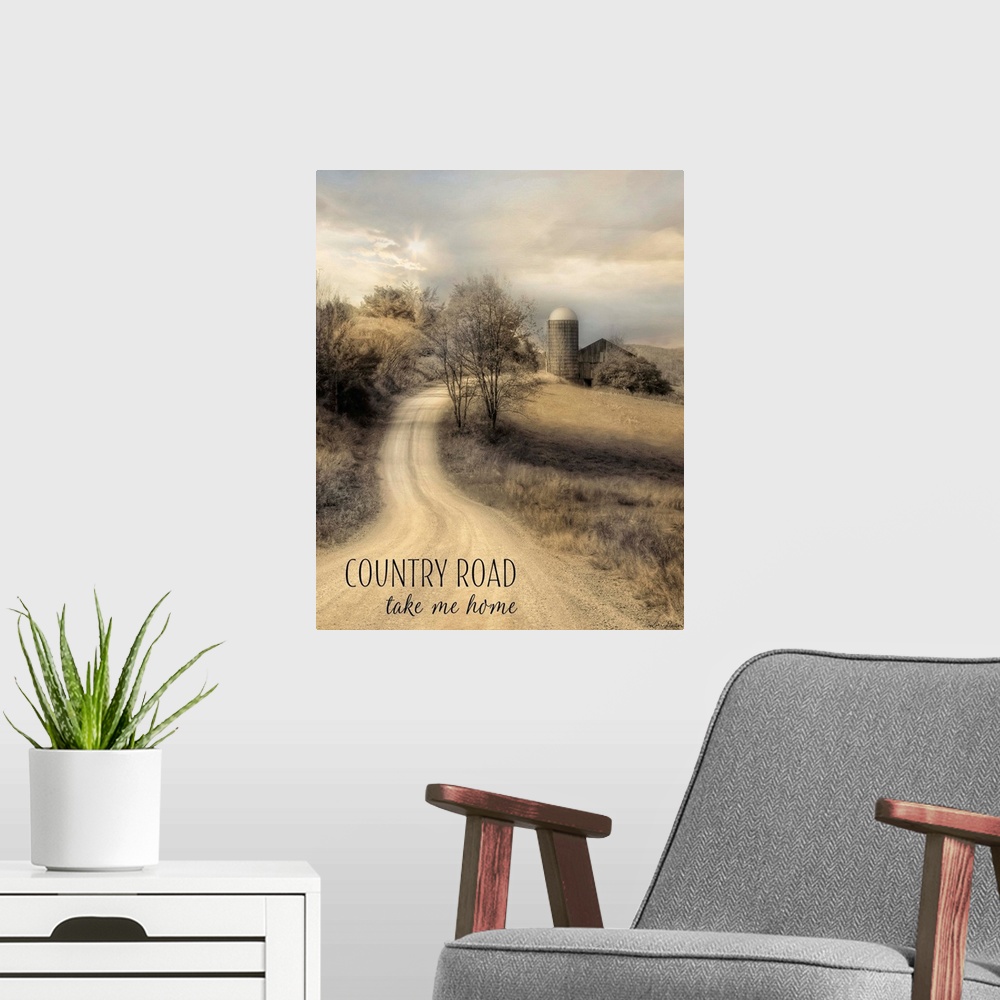A modern room featuring Text over an image of a dirt road leading to a farm and silo in the countryside.