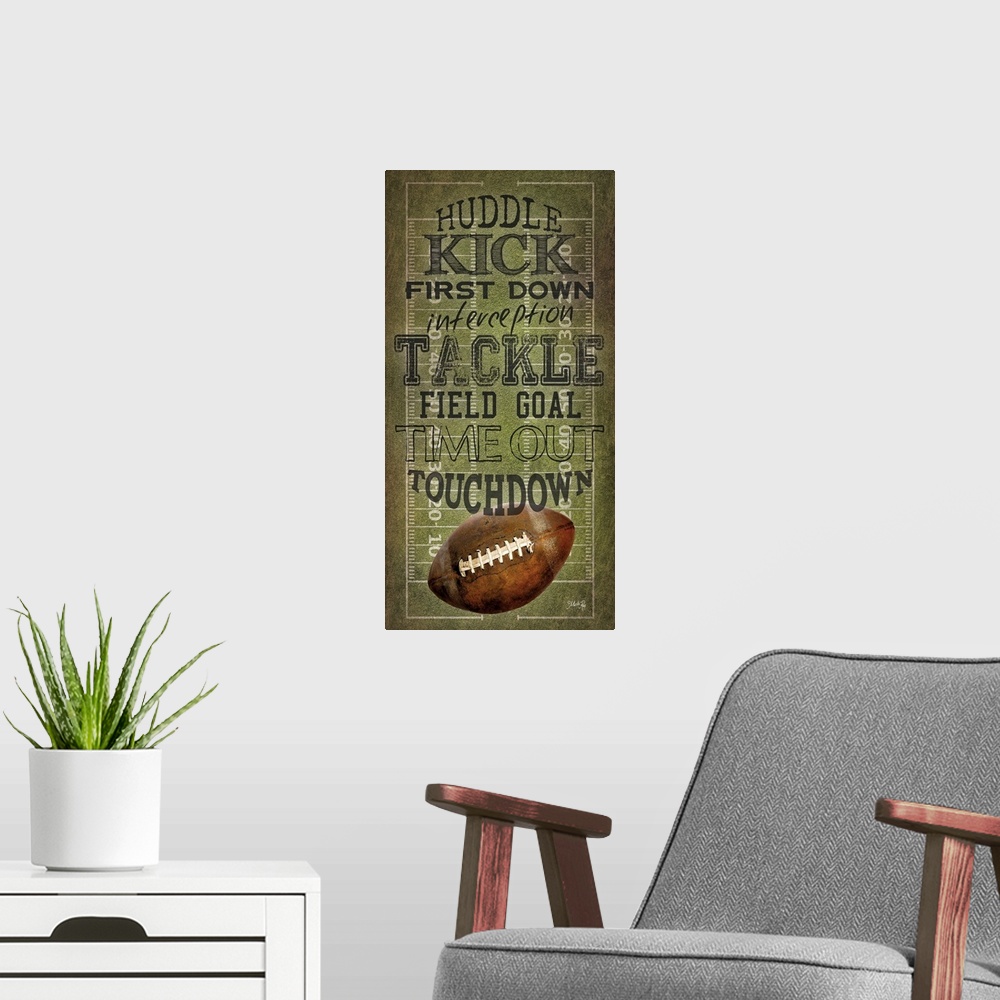 A modern room featuring A football typography design with a ball and field.