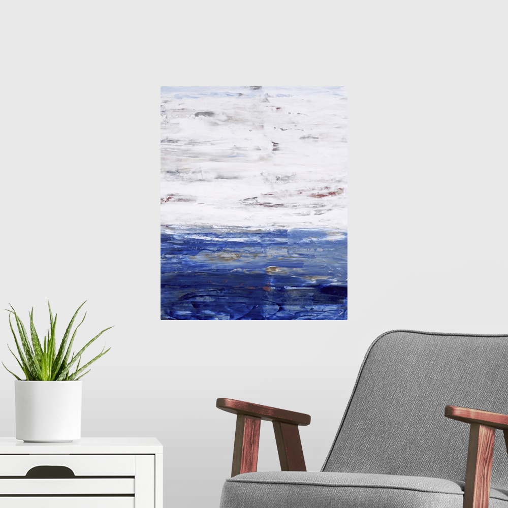 A modern room featuring An abstract landscape of an ocean skyline in textured paint.