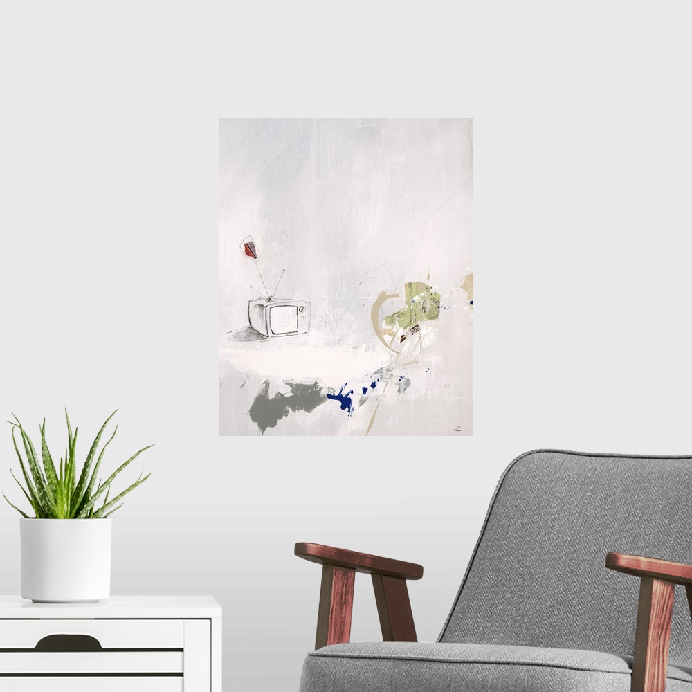 A modern room featuring Contemporary abstract painting of a pencil drawing of a TV set against a neutral toned background...
