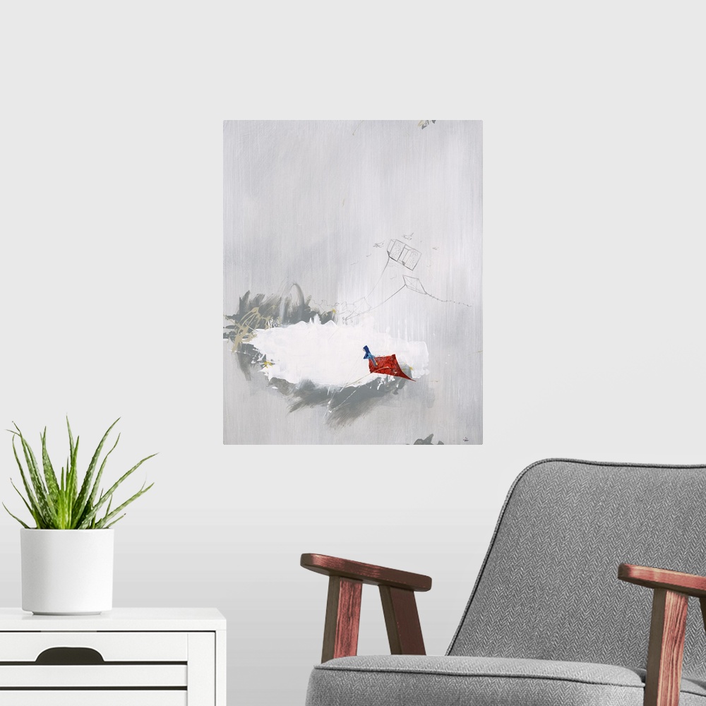 A modern room featuring Contemporary art of a colorful kite flying below a sketch of two colorless kites, all connected b...
