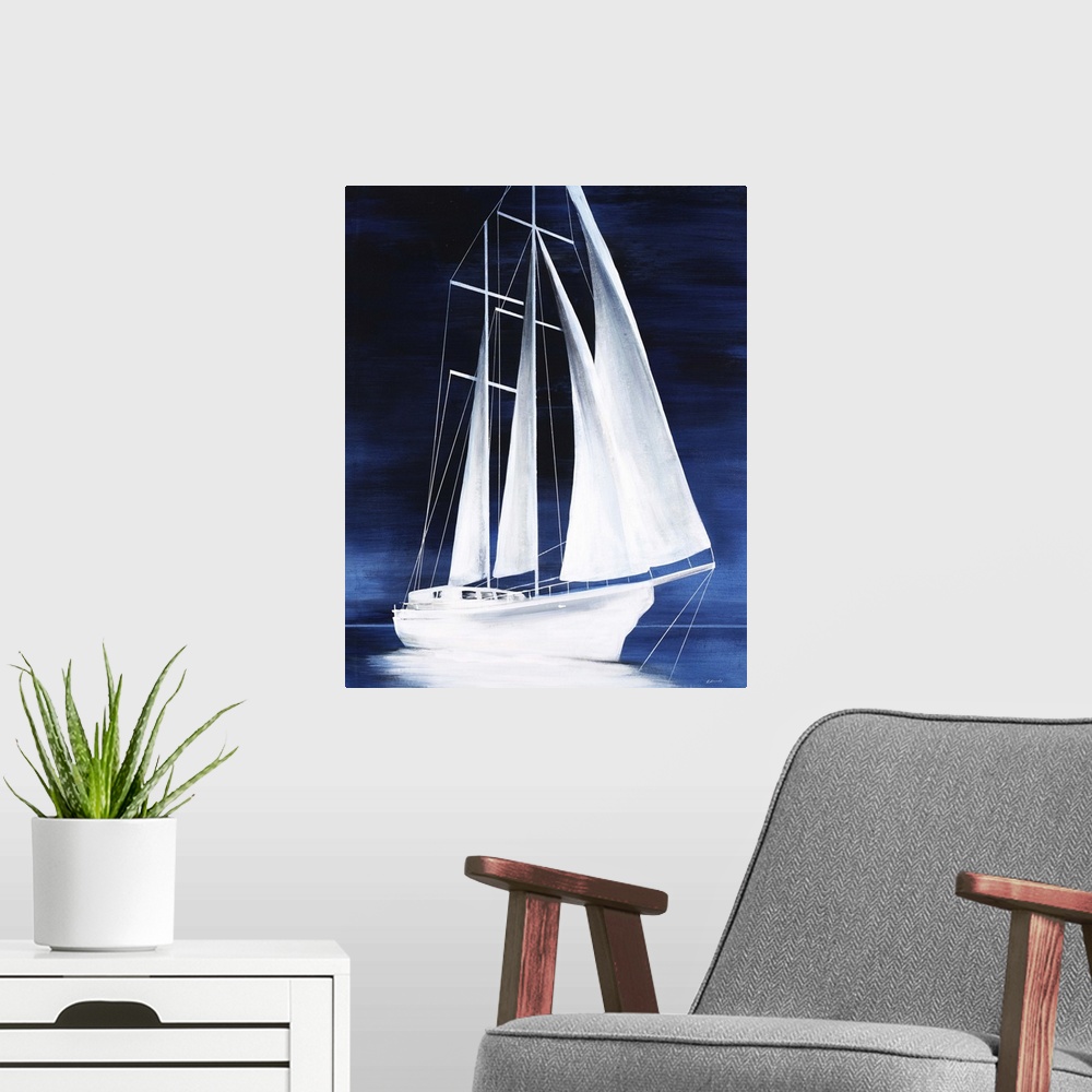 A modern room featuring Contemporary painting of a white sailboat on blue water surrounded by a dark blue atmosphere.